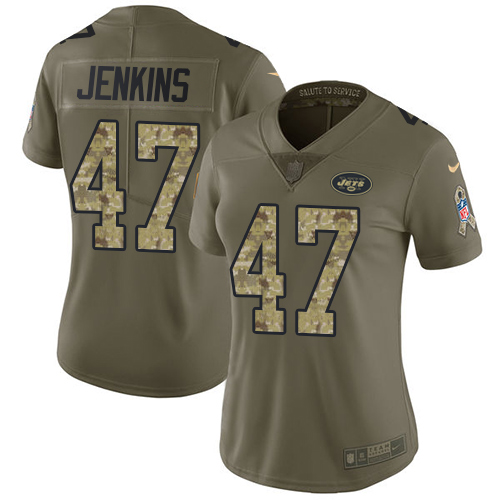 Nike Jets #47 Jordan Jenkins Olive/Camo Women's Stitched NFL Limited Salute to Service Jersey - Click Image to Close